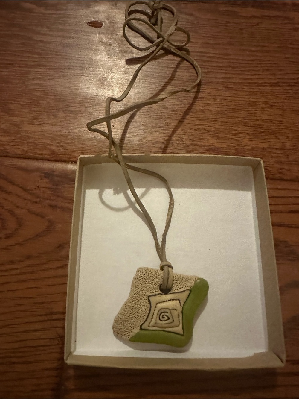 Handmade Ceramic Pendant Necklace in Beige and Olive Green